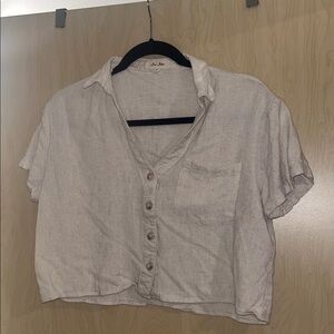 Casual Beige Button-Up Crop Top linen